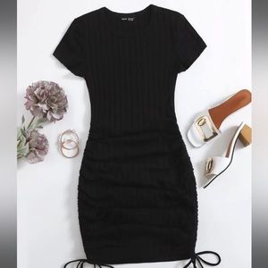 Black Drawstring Rib-Knit Bodycon Dress
